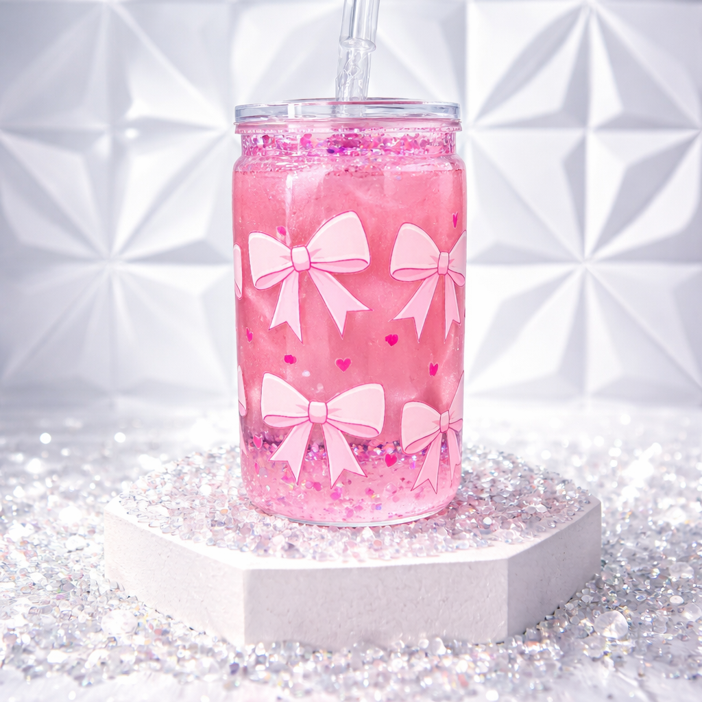 Pink Bows 16oz Acrylic Snowglobe Tumbler.